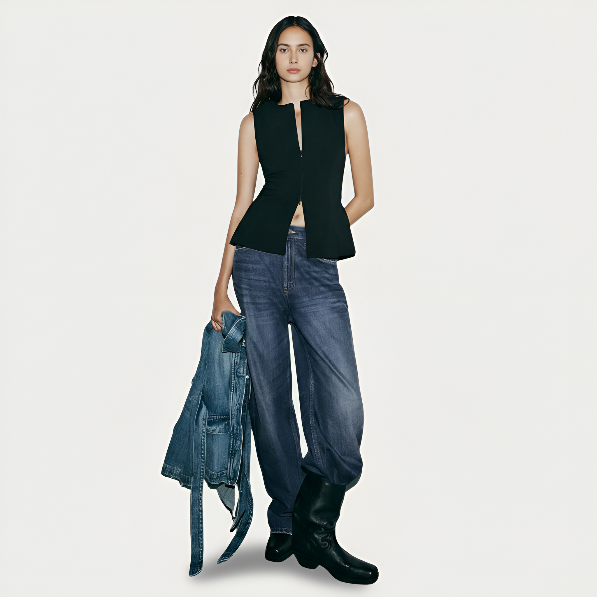 Fitted Sleeveless Zip Front Top With In Seam Zip Front Design