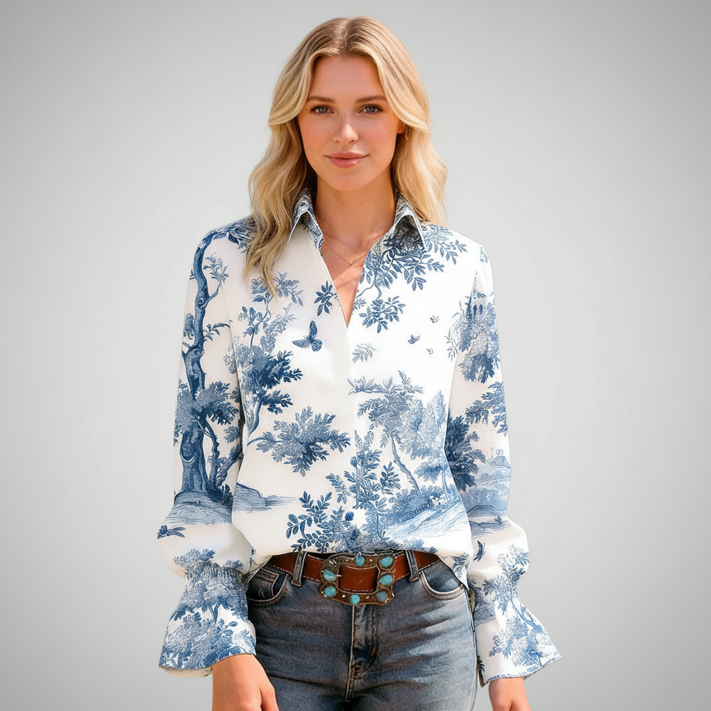 Vintage Toile Print Collared Blouse For Casual Style