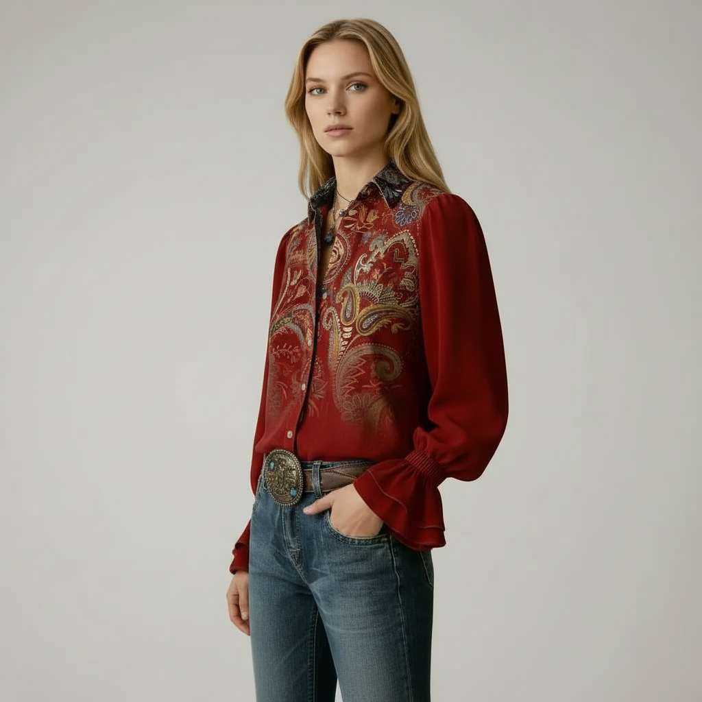 Retro Floral Print Flared Cuff Blouse