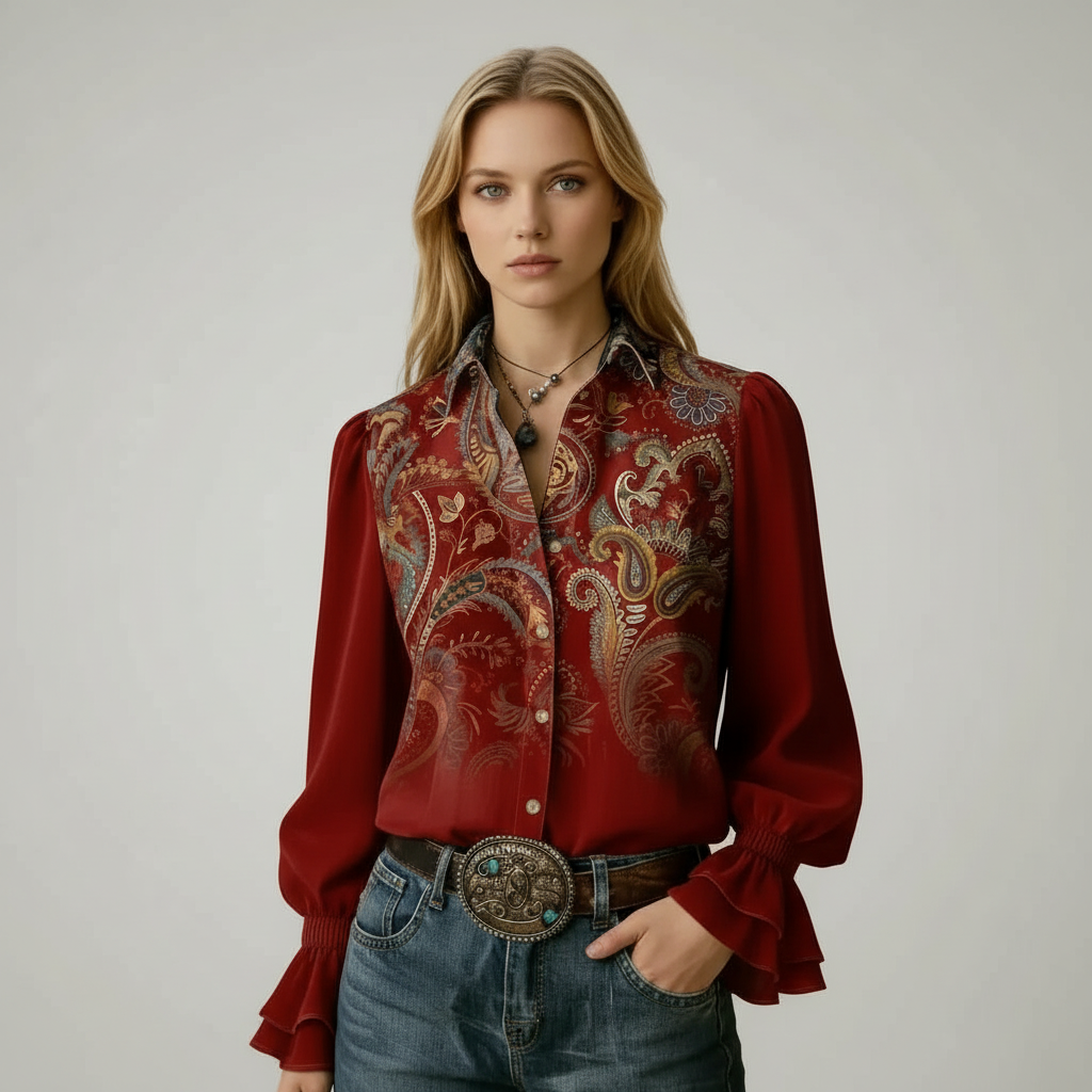 Retro Floral Print Flared Cuff Blouse