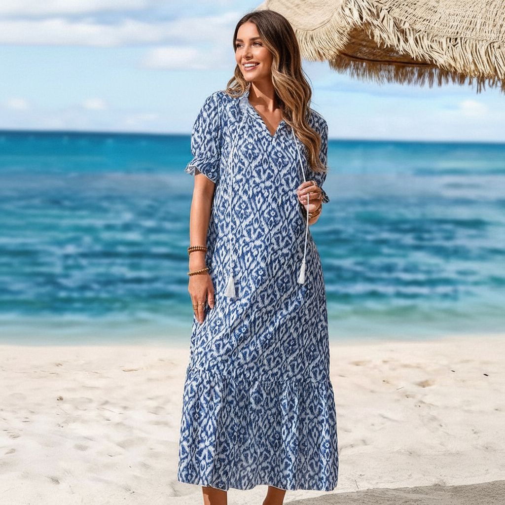 Ruffle Trim Tie Front Swing Dress-My Comfy Blouse