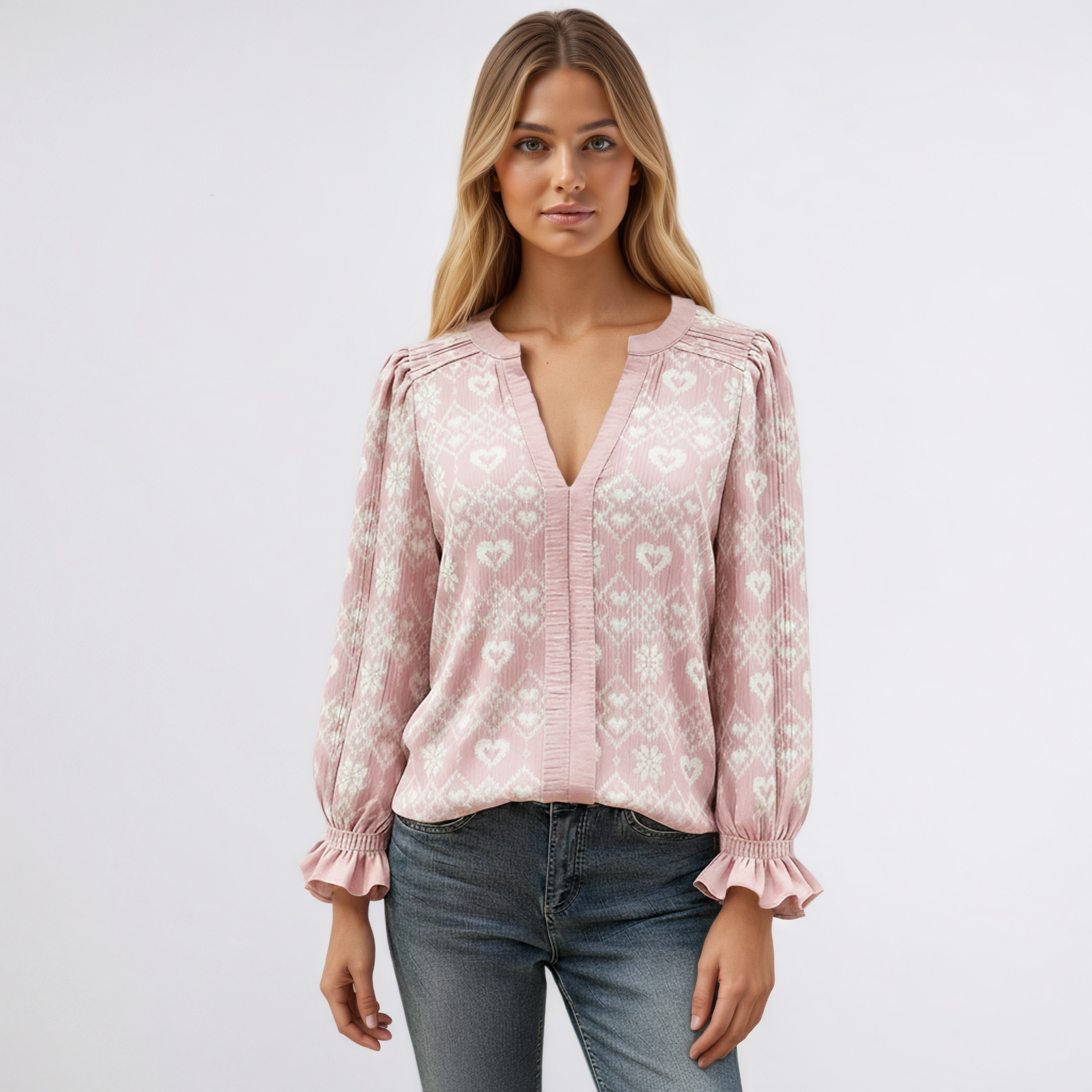 Mixed Motif Print Long Sleeve Blouse