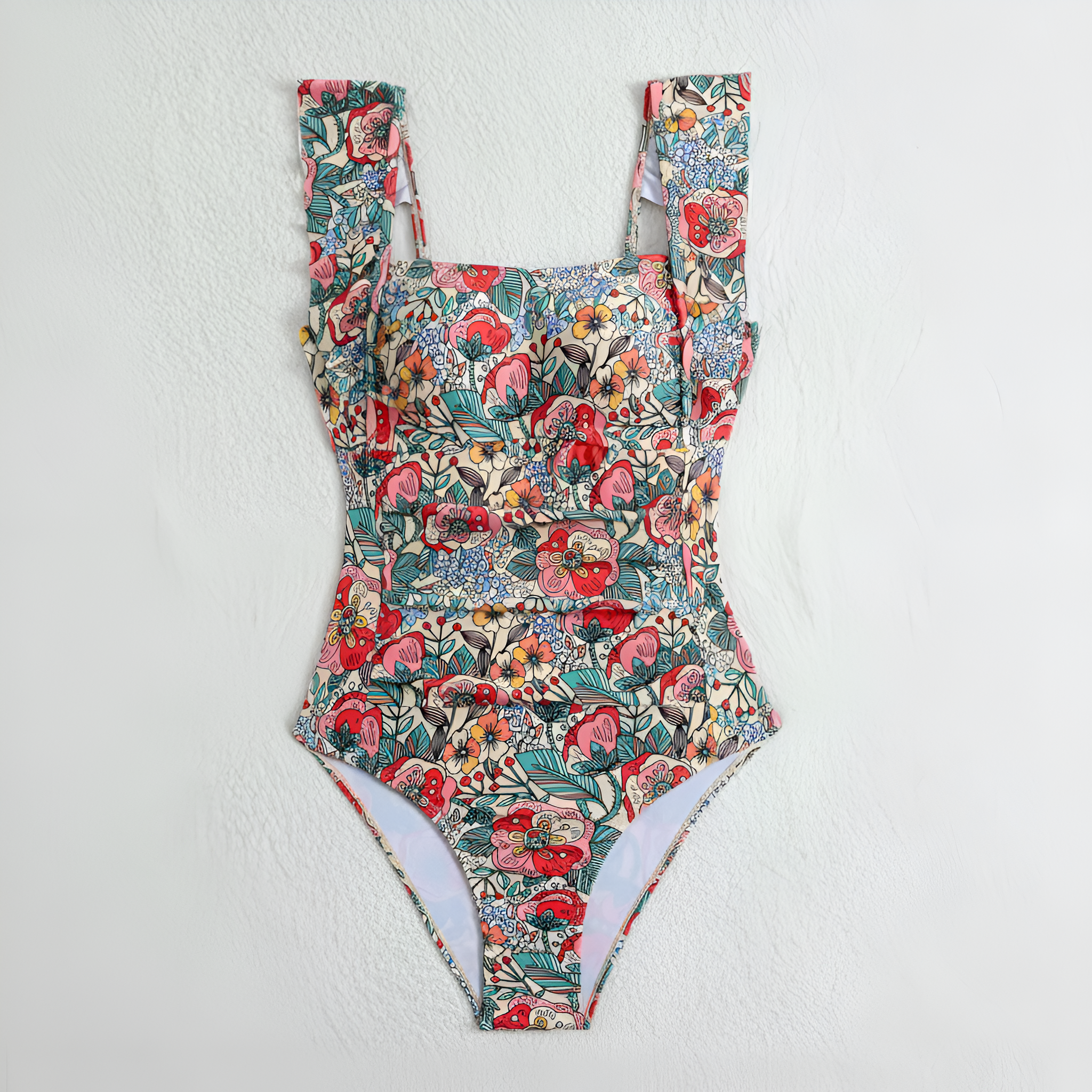 Floral Print Ruffle Hem Bandeau Twist One Piece Swimsuit For Women