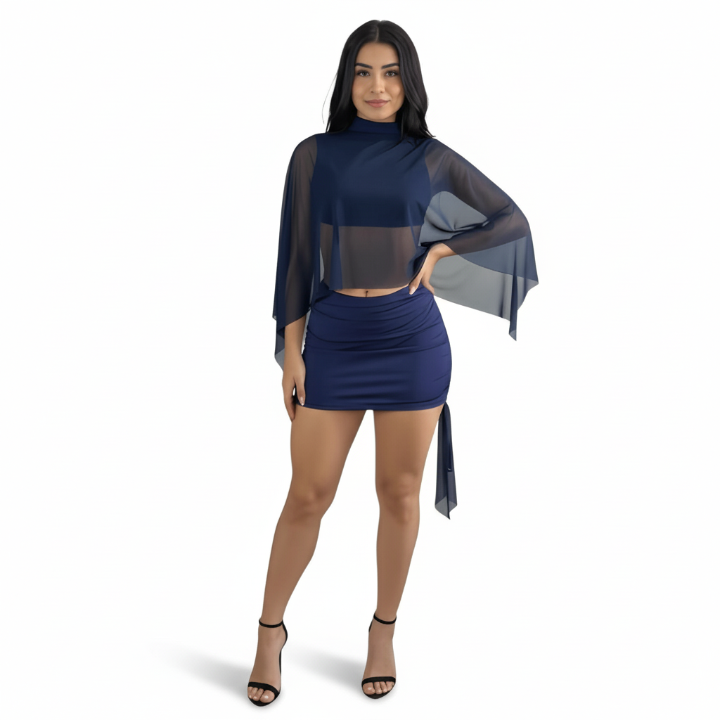 2 Piece Supplex Ana Set With Tulle Overlay And Draped Skirt-My Comfy Blouse