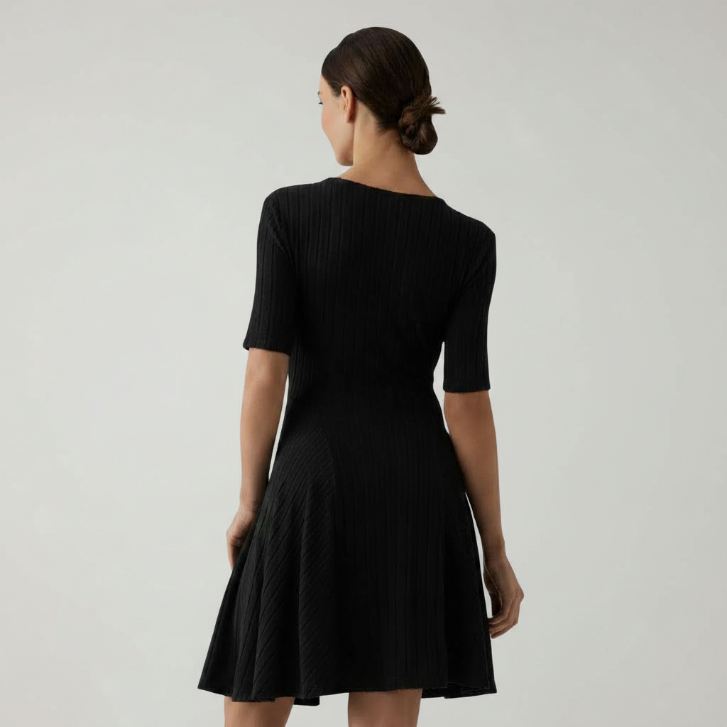 Ribbed Knit V Neck Long Sleeve Flare Mini Casual Dress