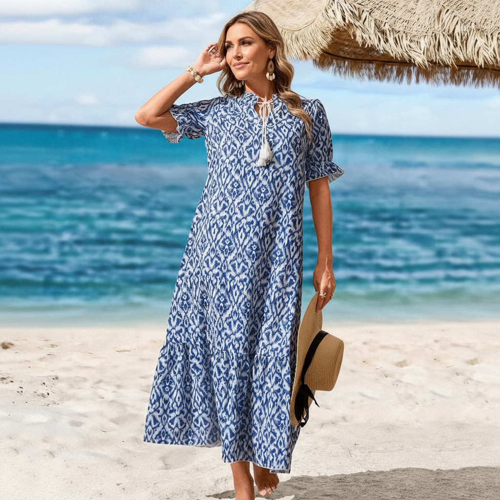 Ruffle Trim Tie Front Swing Dress-My Comfy Blouse