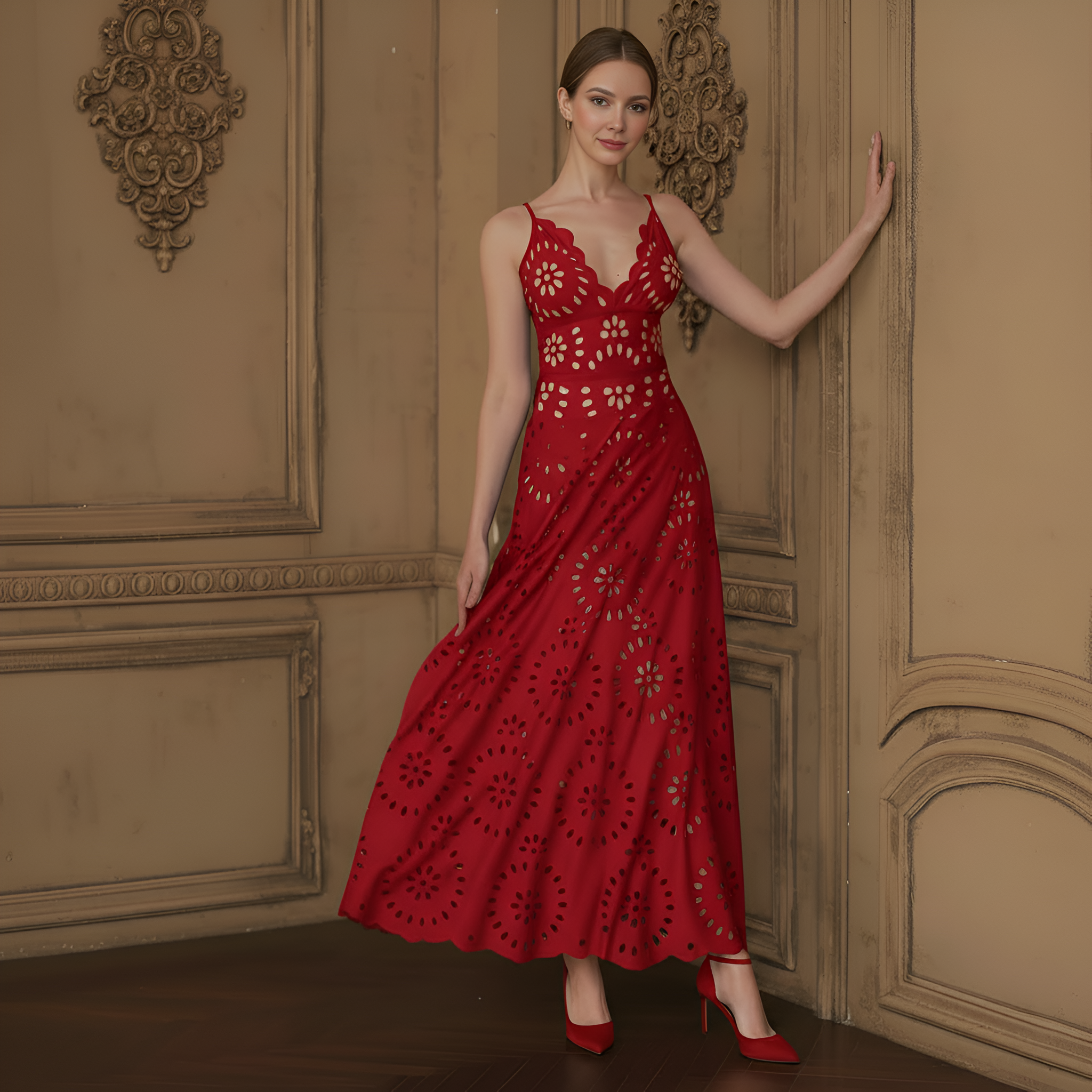 Hollow Design One Piece Swimsuit With Skirt For Women