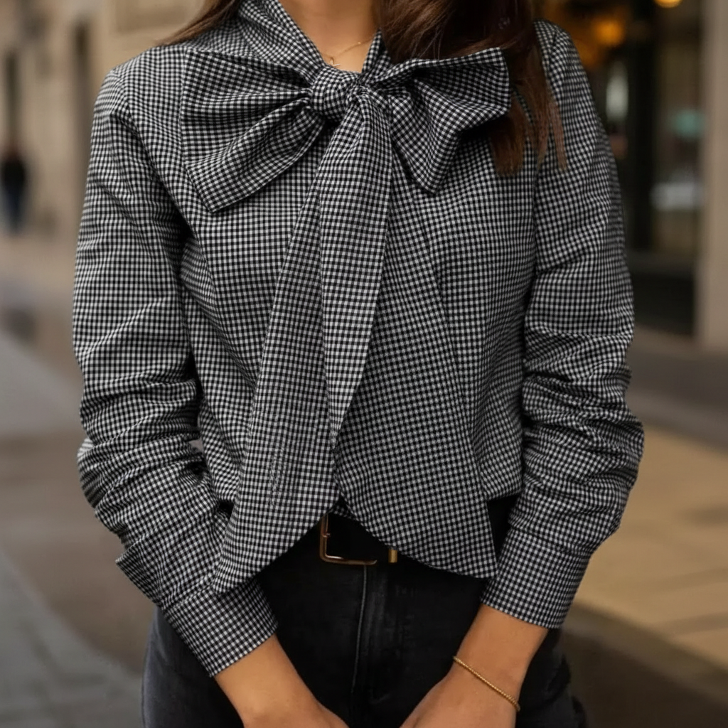 Button Down Long Sleeve Plaid Design Shirt With Bow Tie For Women-My Comfy Blouse