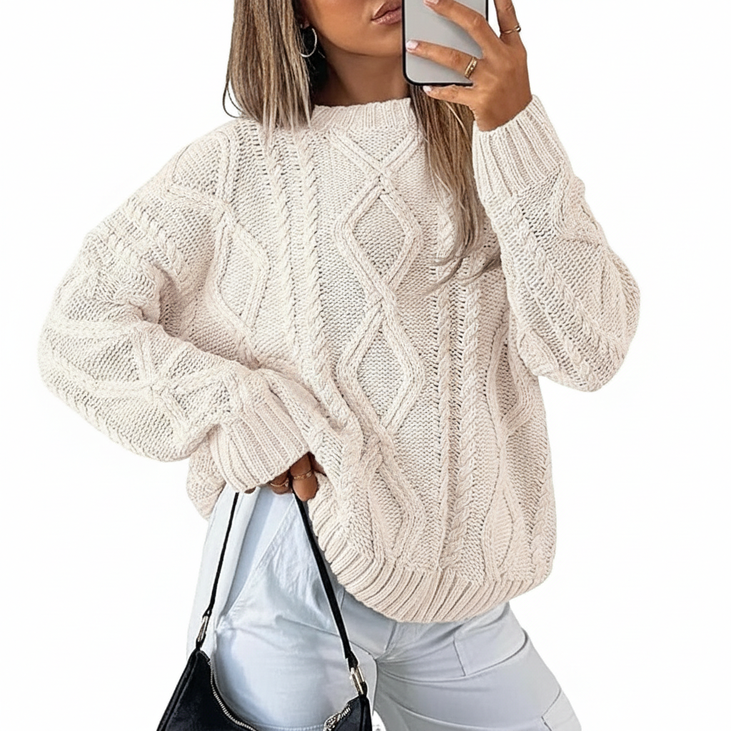 Oversized Cable Knit Sweater Crewneck Cozy Fall Pullover Top For Women