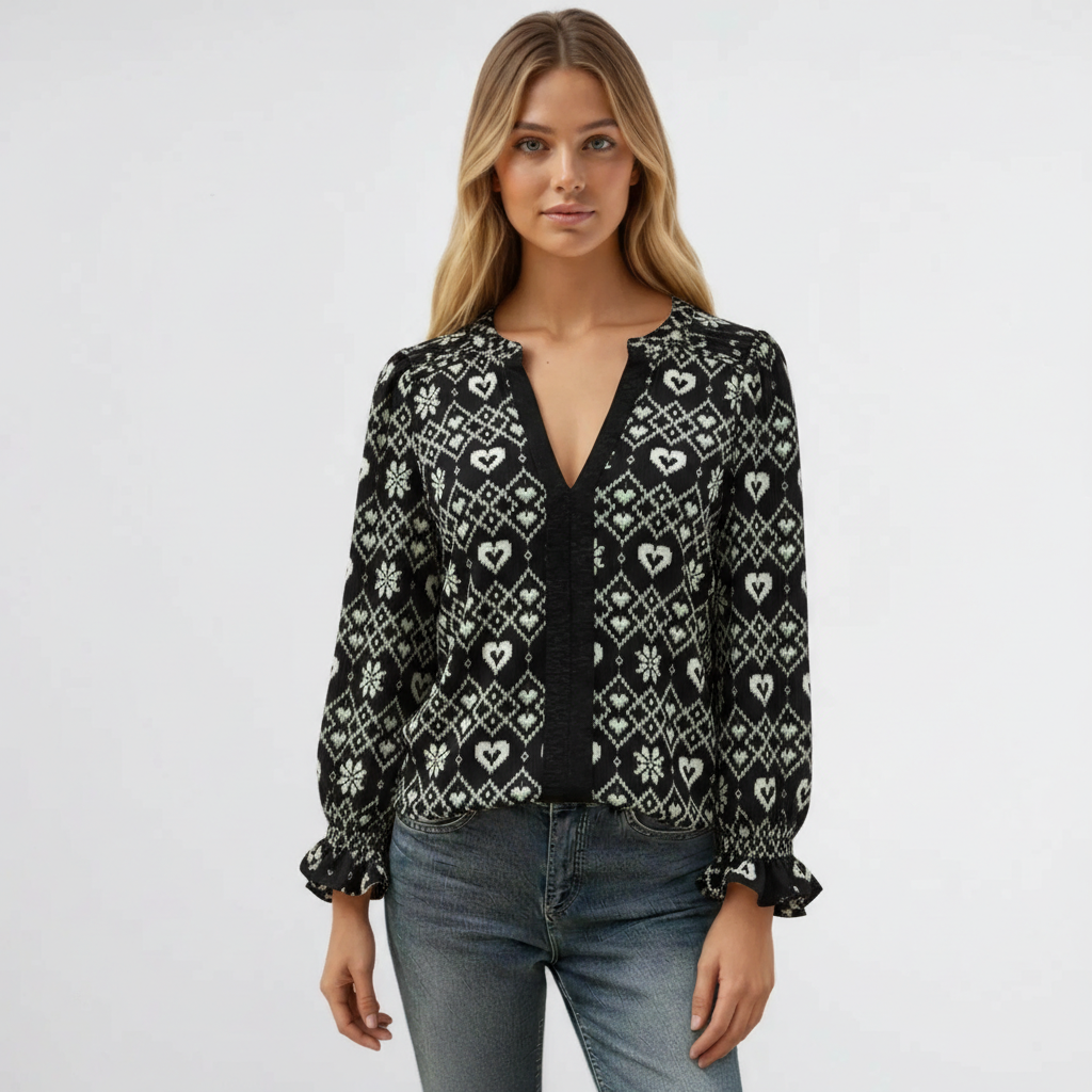 Mixed Snowflake Print Long Sleeve Blouse