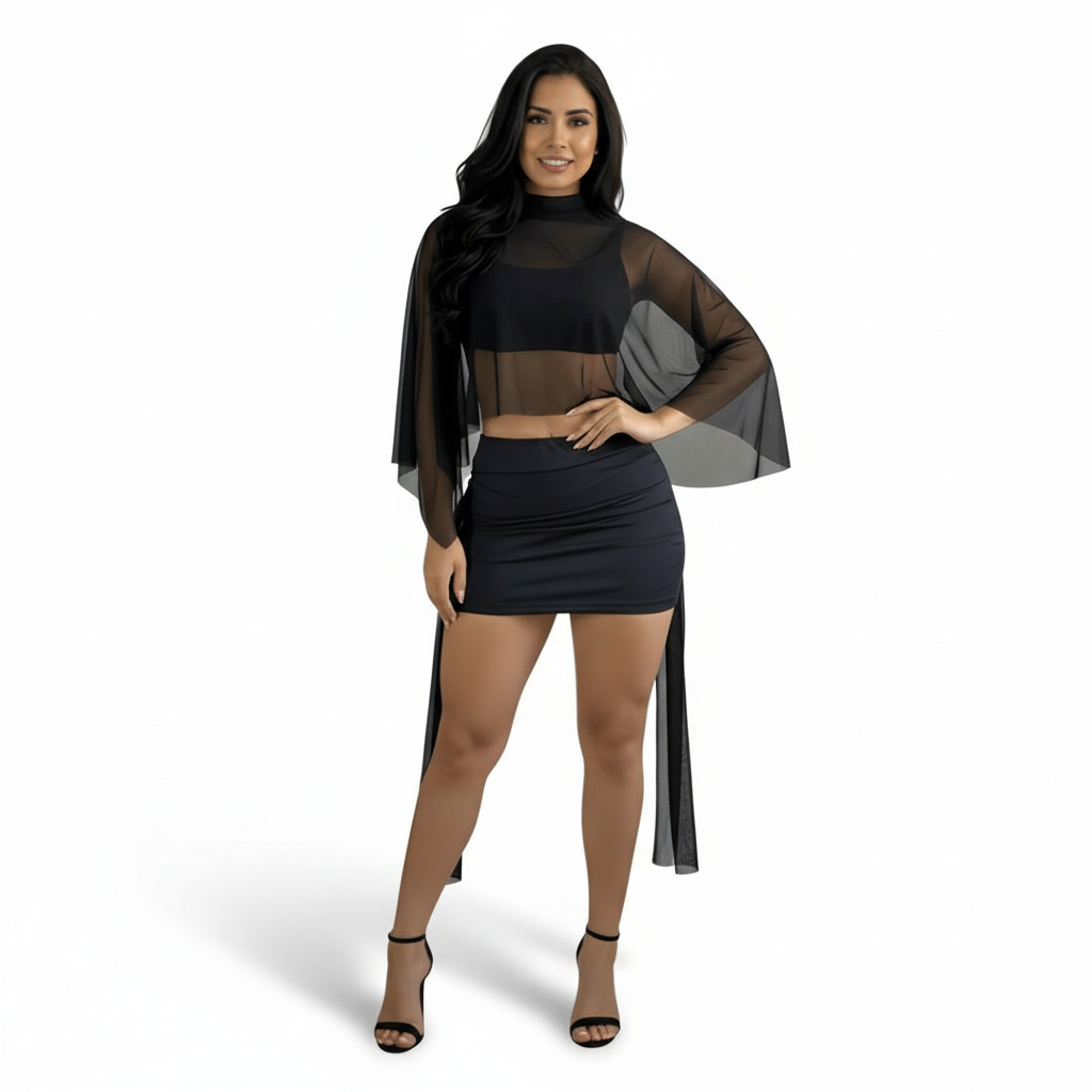 2 Piece Supplex Ana Set With Tulle Overlay And Draped Skirt-My Comfy Blouse