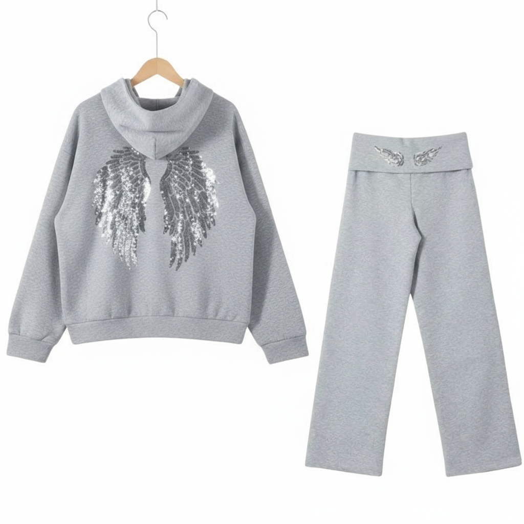 Sequin Graphic Angel Hoodie And Pants Set-My Comfy Blouse