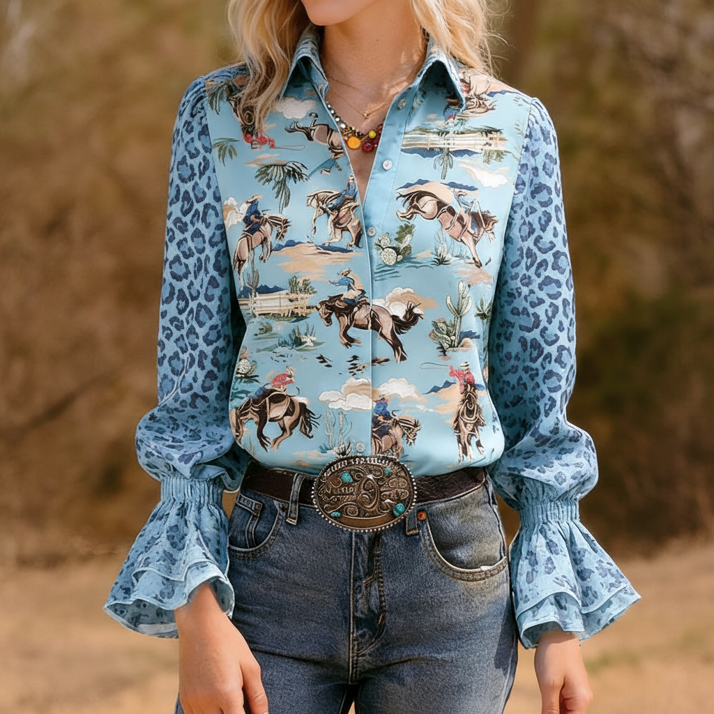 Vintage Rodeo Graphic Themed Blouse With Leopard Sleeve  