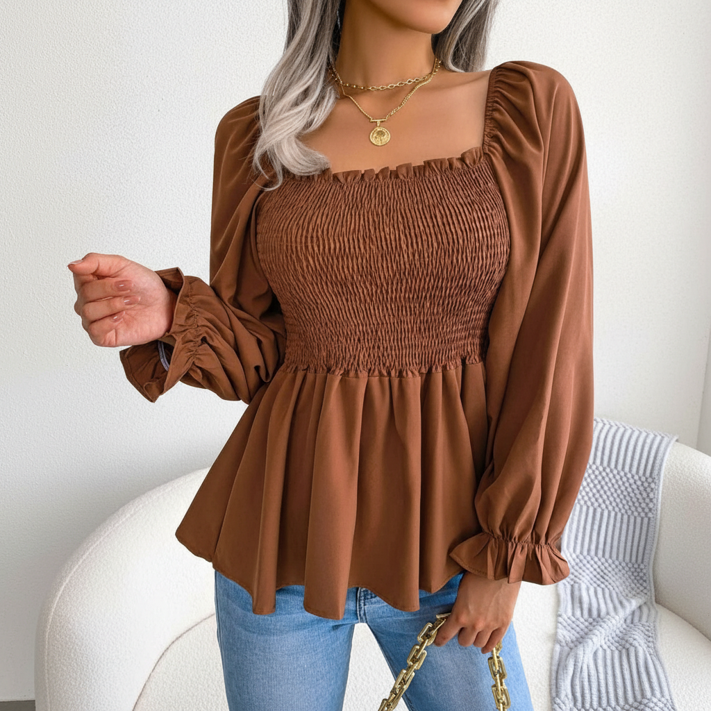 Shirred Square Neck Chiffon Blouse For Women