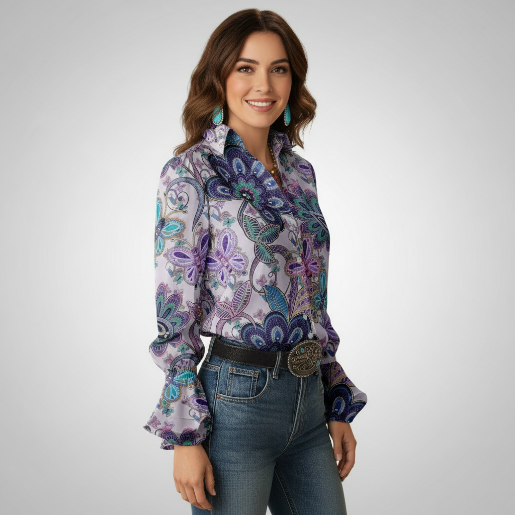 Retro Floral Print Collared Blouse For Casual Style