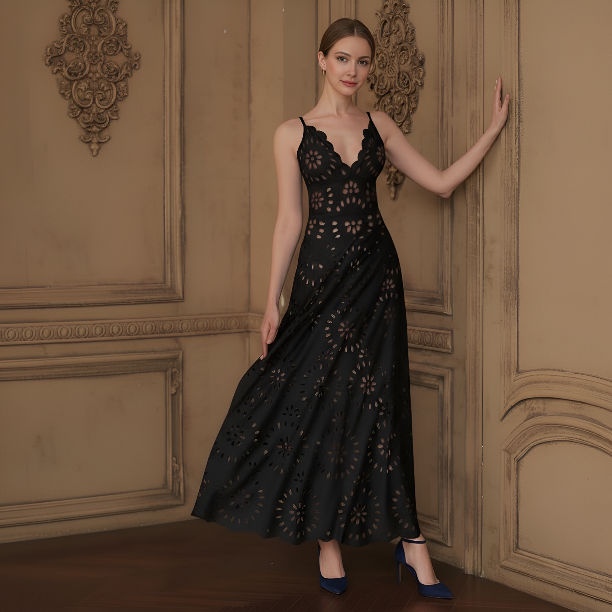 Hollow Design One Piece Swimsuit With Skirt For Women