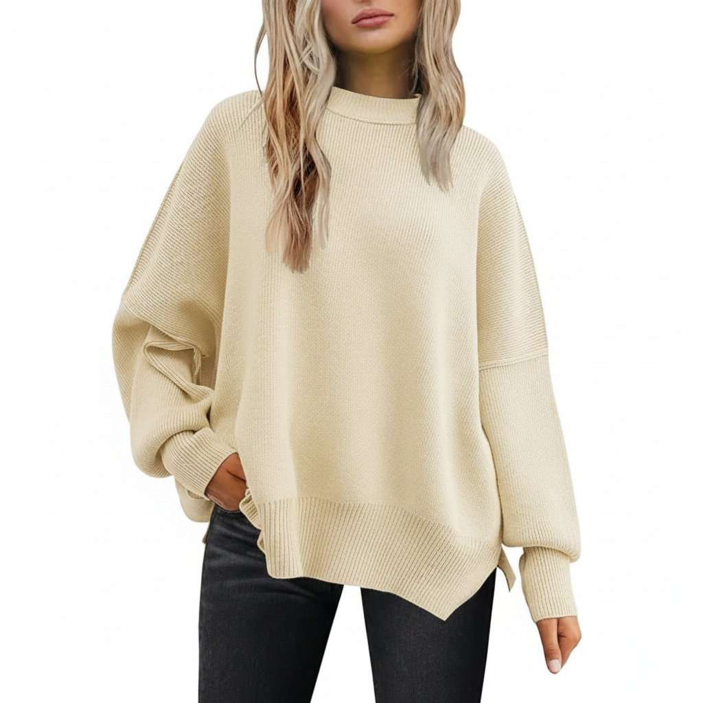 Oversized Batwing Knit Side Slit Pullover Sweater For Women