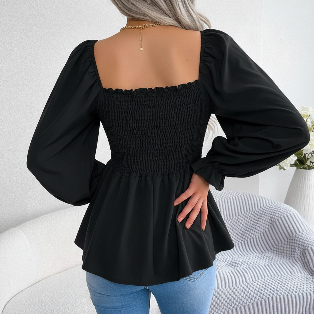 Shirred Square Neck Chiffon Blouse For Women