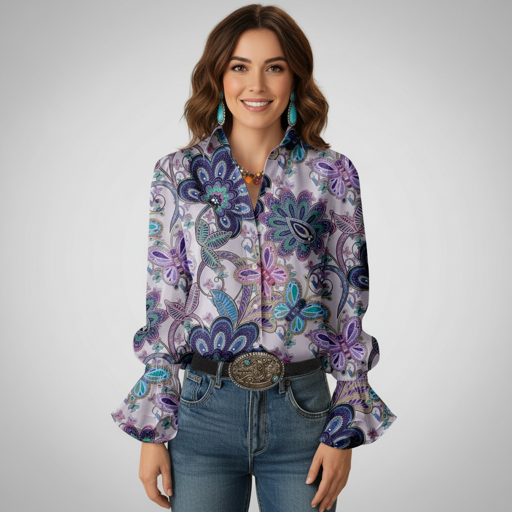 Retro Floral Print Collared Blouse For Casual Style