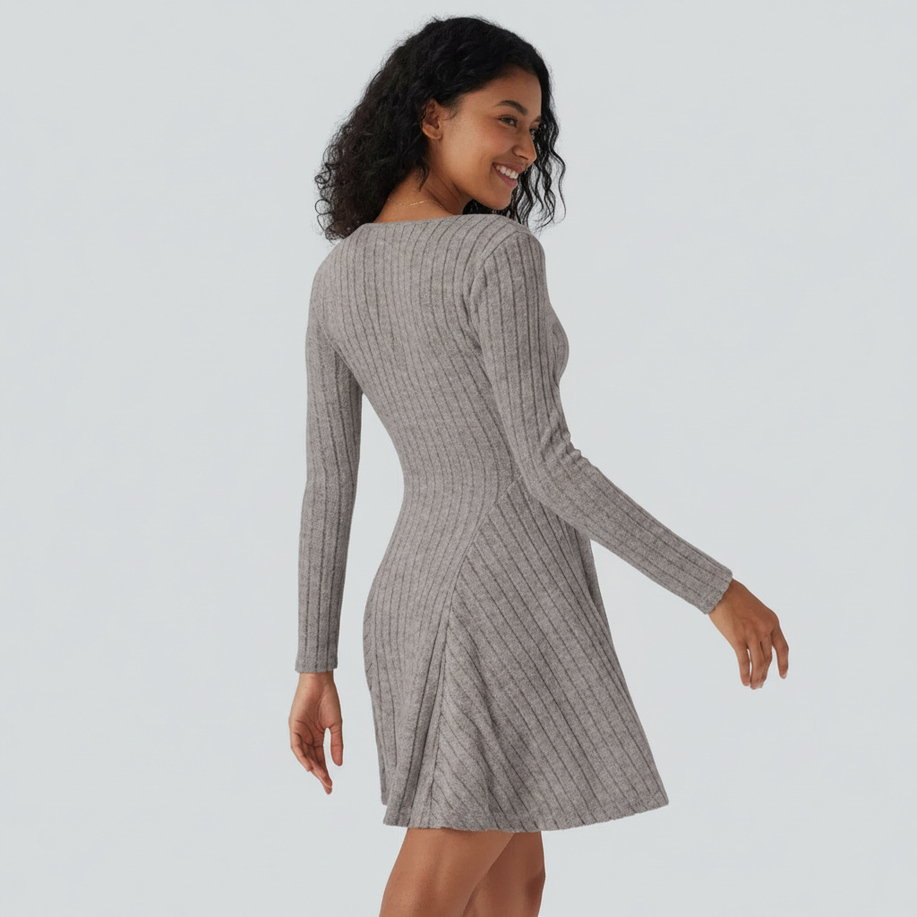 Ribbed Knit V Neck Long Sleeve Flare Mini Casual Dress