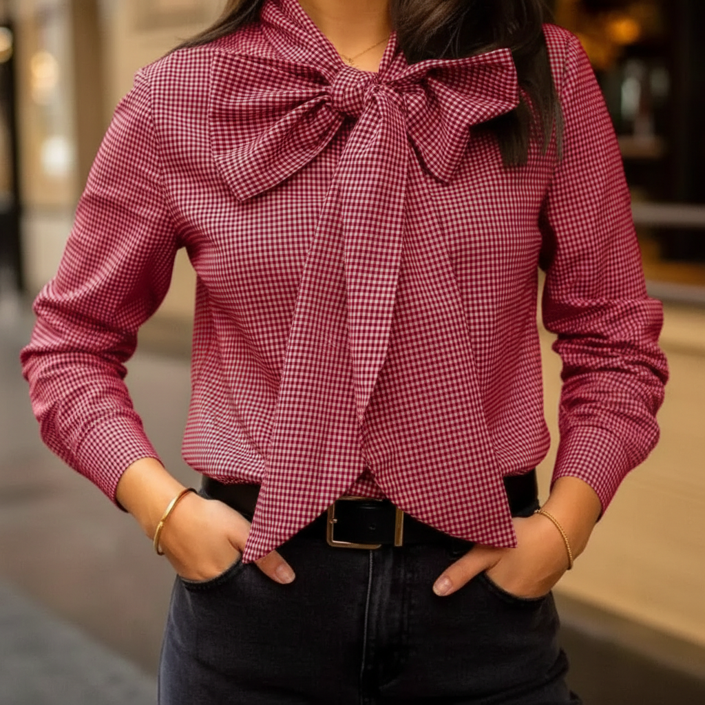 Button Down Long Sleeve Plaid Design Shirt With Bow Tie For Women-My Comfy Blouse