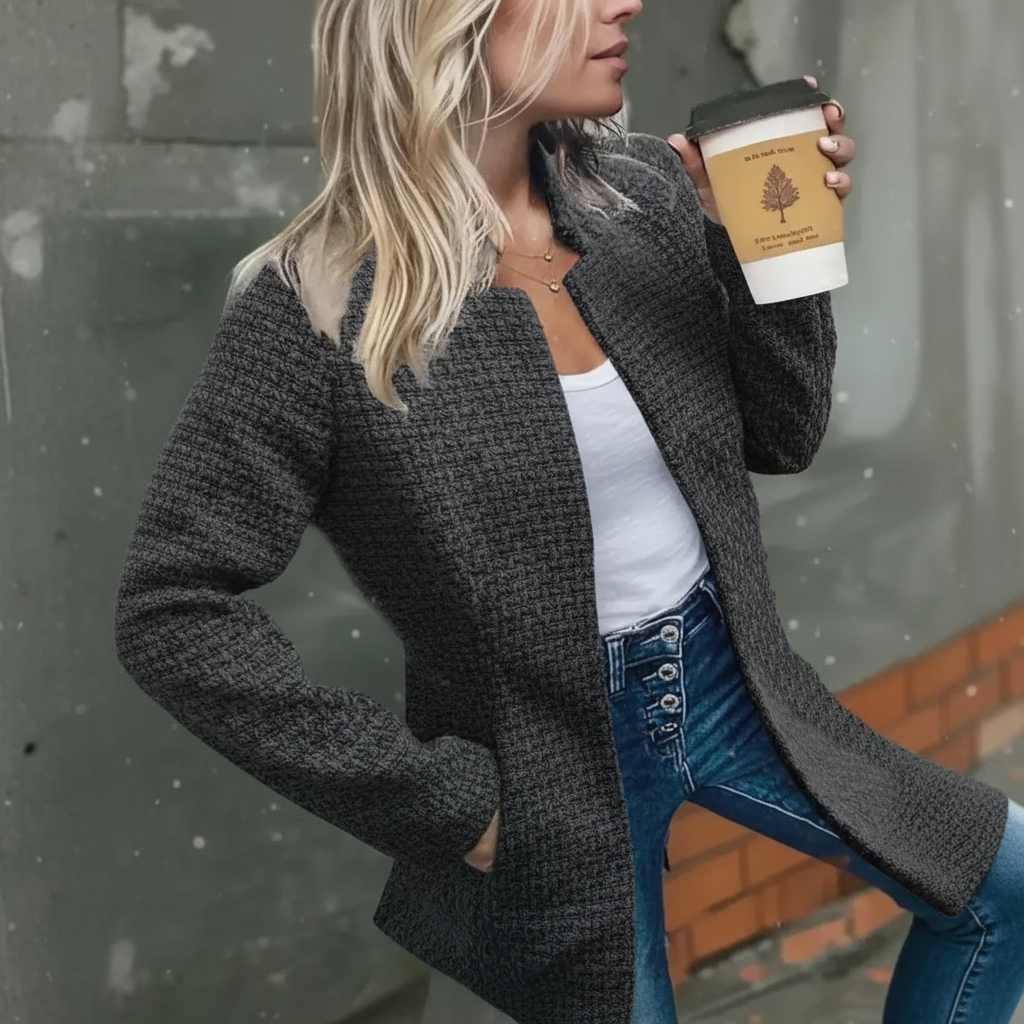 Women Solid Color Pocket Long Sleeve Open Front Coat