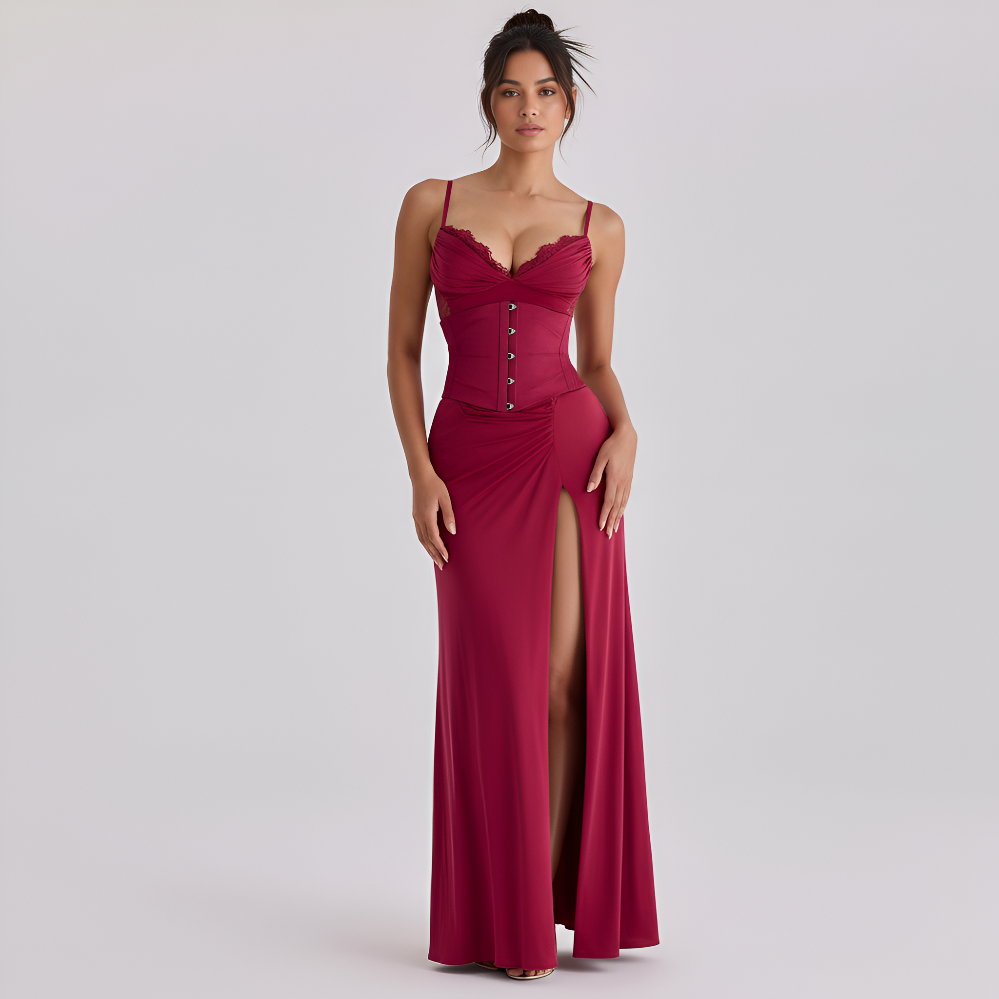 Wine Lace Trim Maxi Dress With Corset And Slit