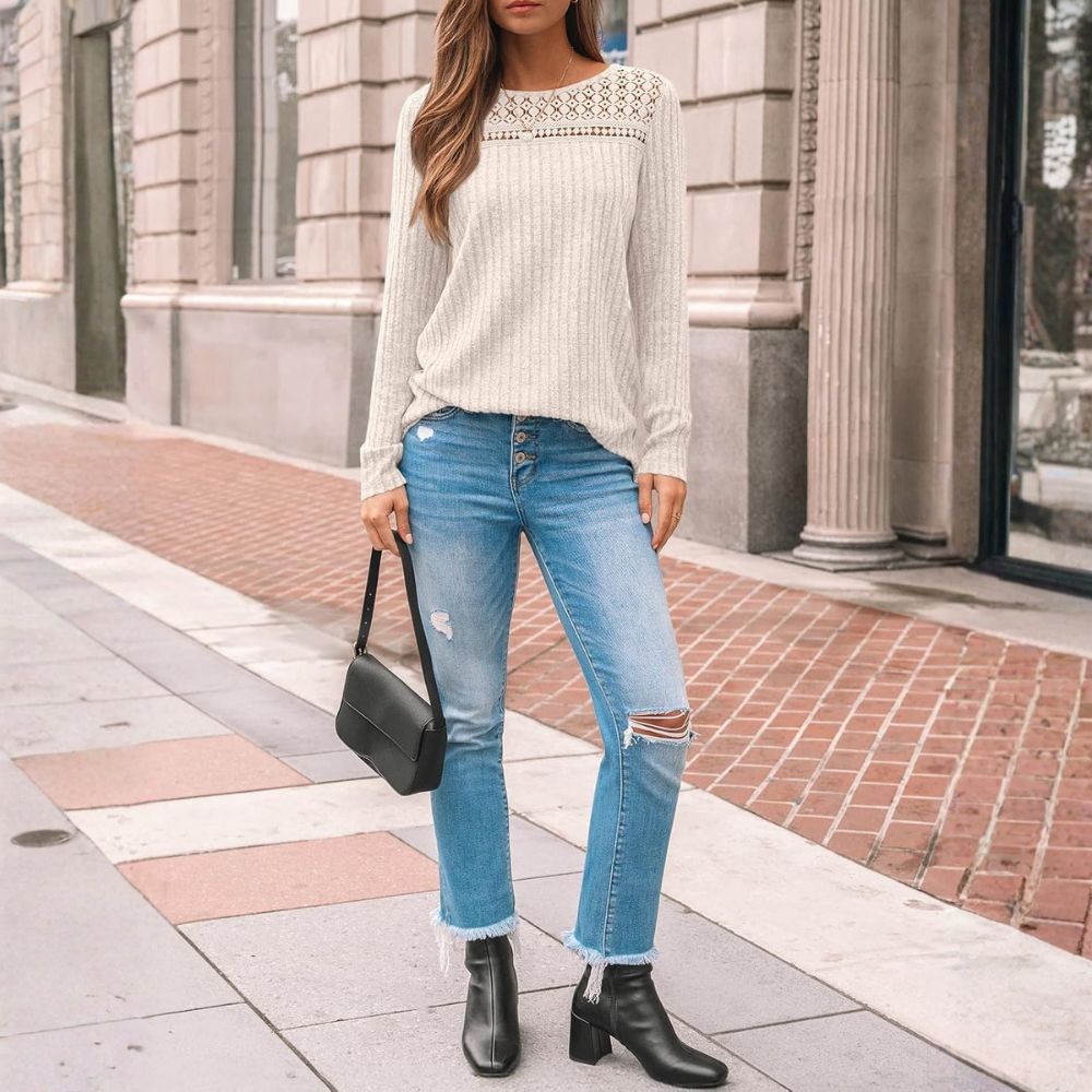 Women's Lace Long Sleeve Shirt Fall Top Fashion Casual Tunic Sweaters Mesh