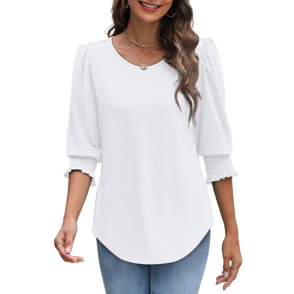 Dressy Casual 3/4 Length Sleeve Women's Tops with Smocked Cuffs