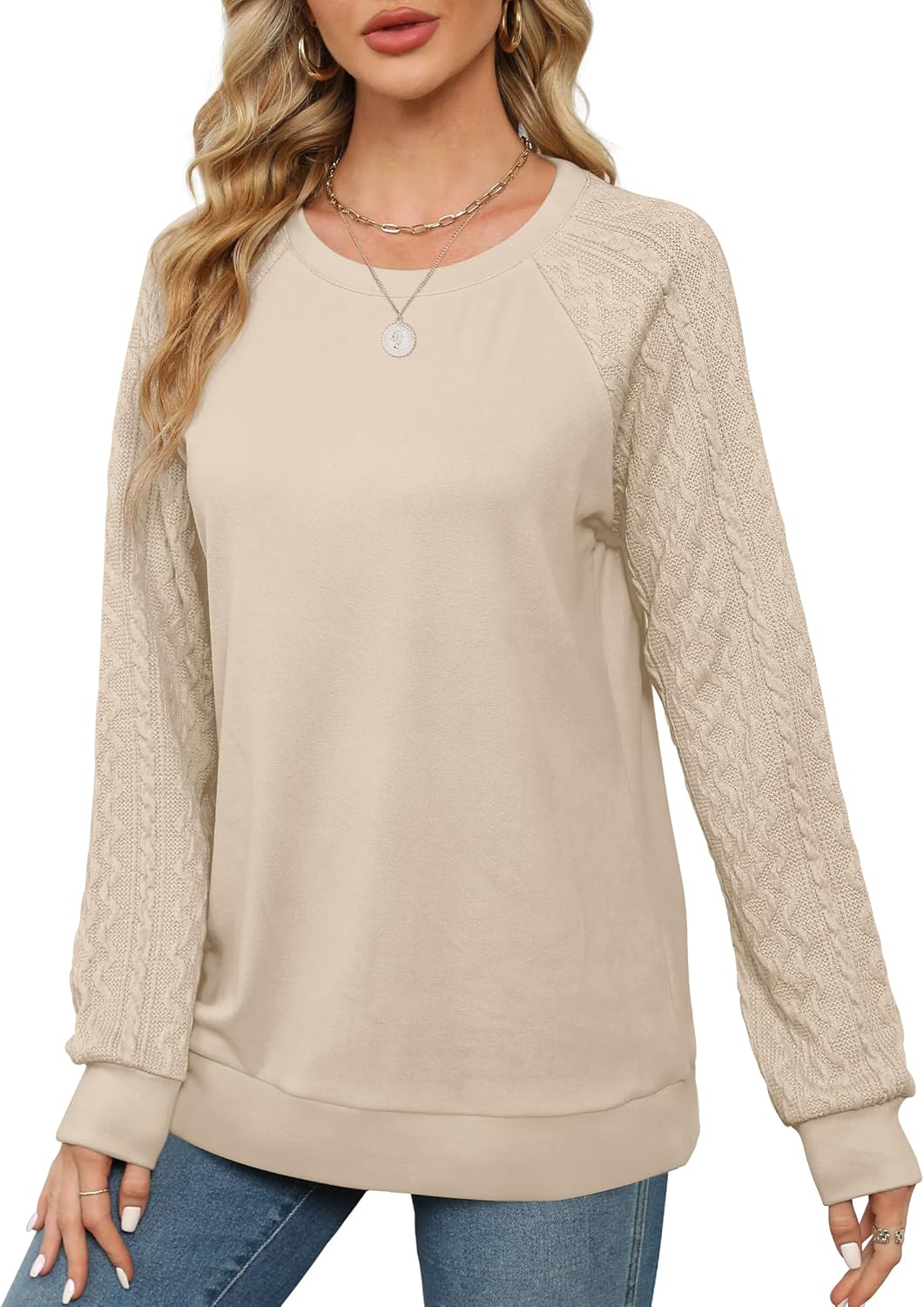 Women Crewneck Cable Knit Sweatshirt-My Comfy Blouse