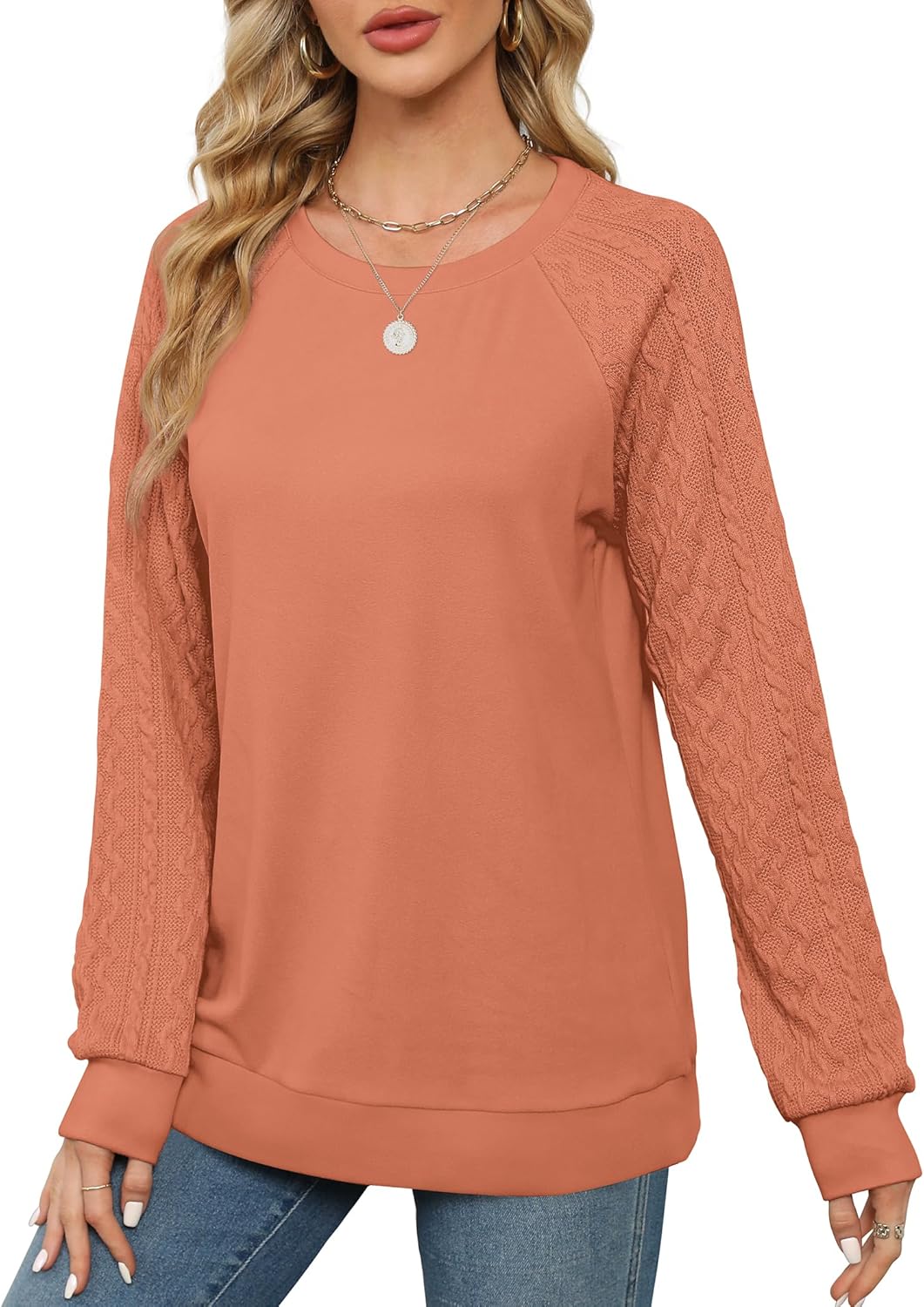 Women Crewneck Cable Knit Sweatshirt-My Comfy Blouse