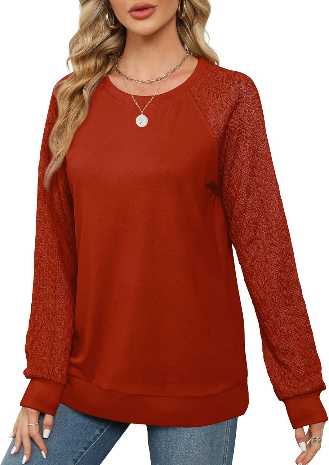 Women Crewneck Cable Knit Sweatshirt-My Comfy Blouse