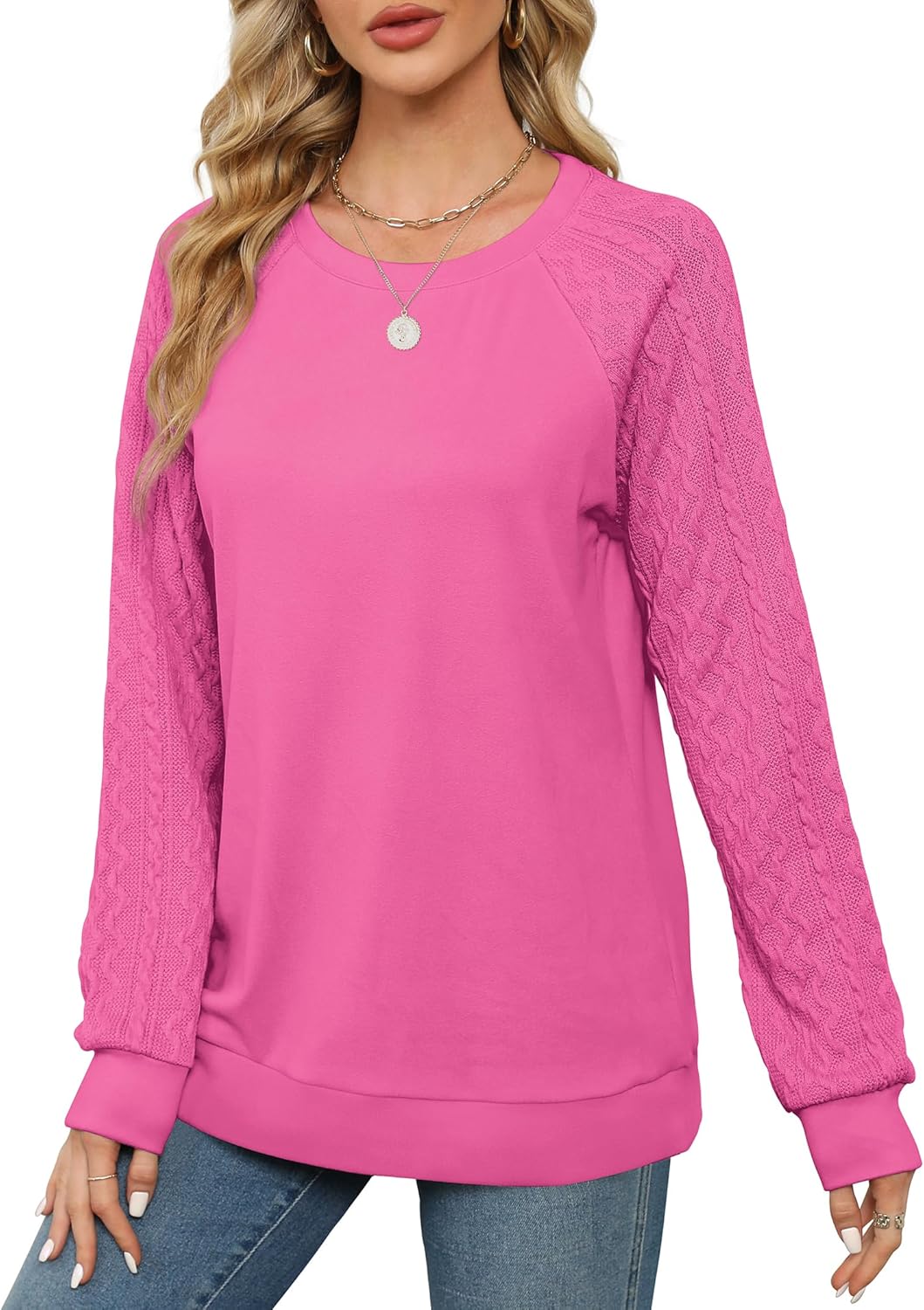 Women Crewneck Cable Knit Sweatshirt-My Comfy Blouse