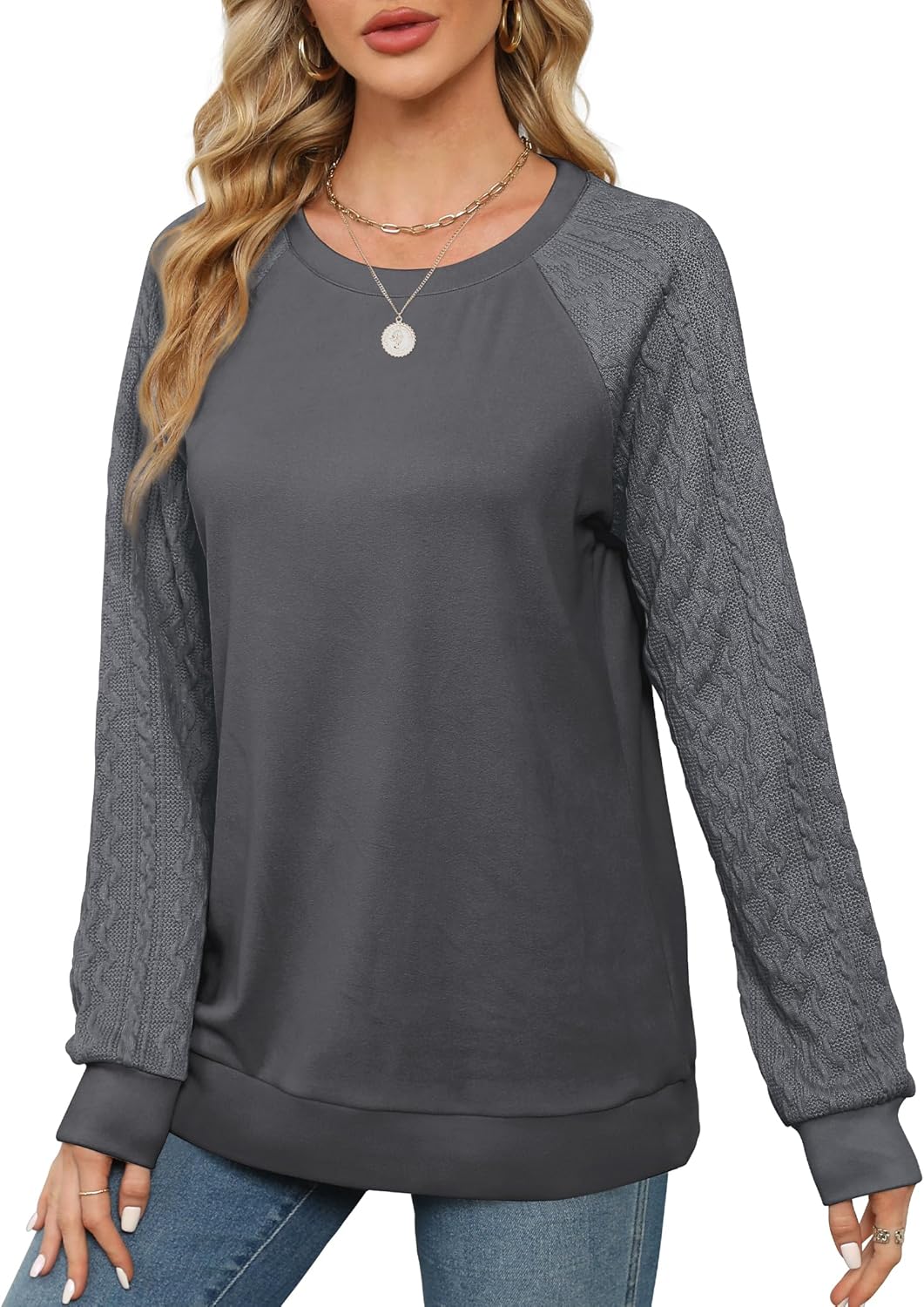 Women Crewneck Cable Knit Sweatshirt-My Comfy Blouse