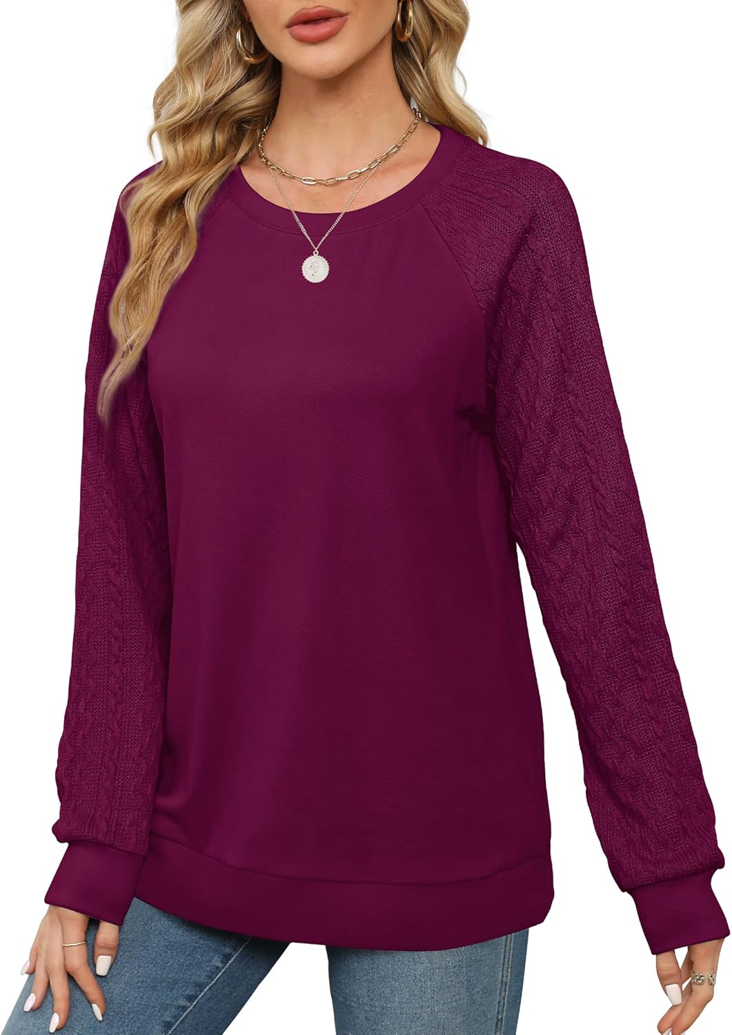 Women Crewneck Cable Knit Sweatshirt-My Comfy Blouse