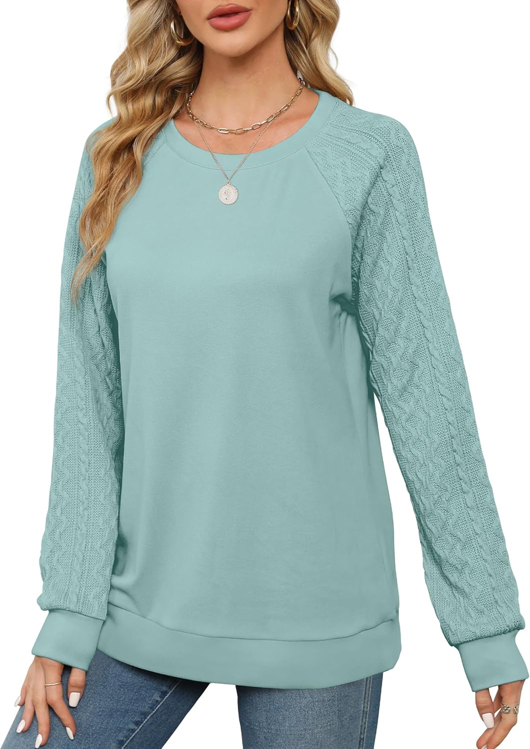 Women Crewneck Cable Knit Sweatshirt-My Comfy Blouse