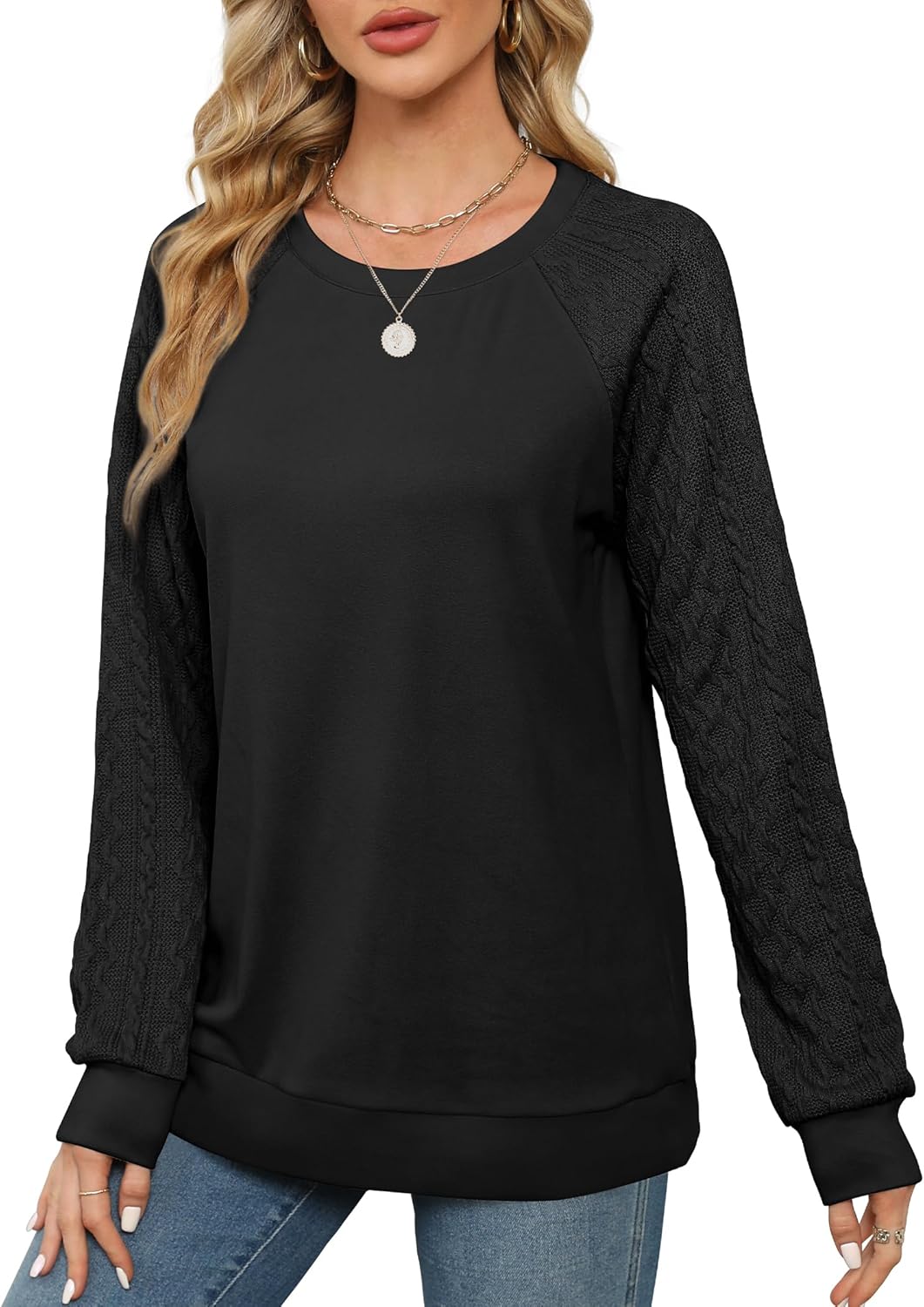 Women Crewneck Cable Knit Sweatshirt-My Comfy Blouse