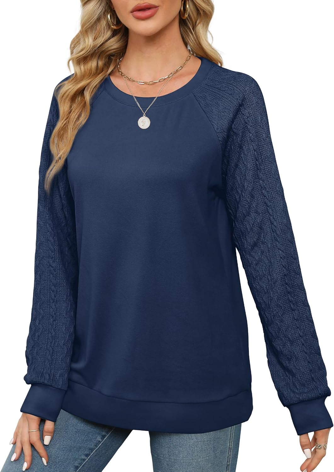Women Crewneck Cable Knit Sweatshirt-My Comfy Blouse