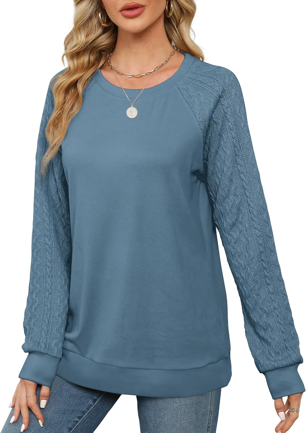 Women Crewneck Cable Knit Sweatshirt-My Comfy Blouse