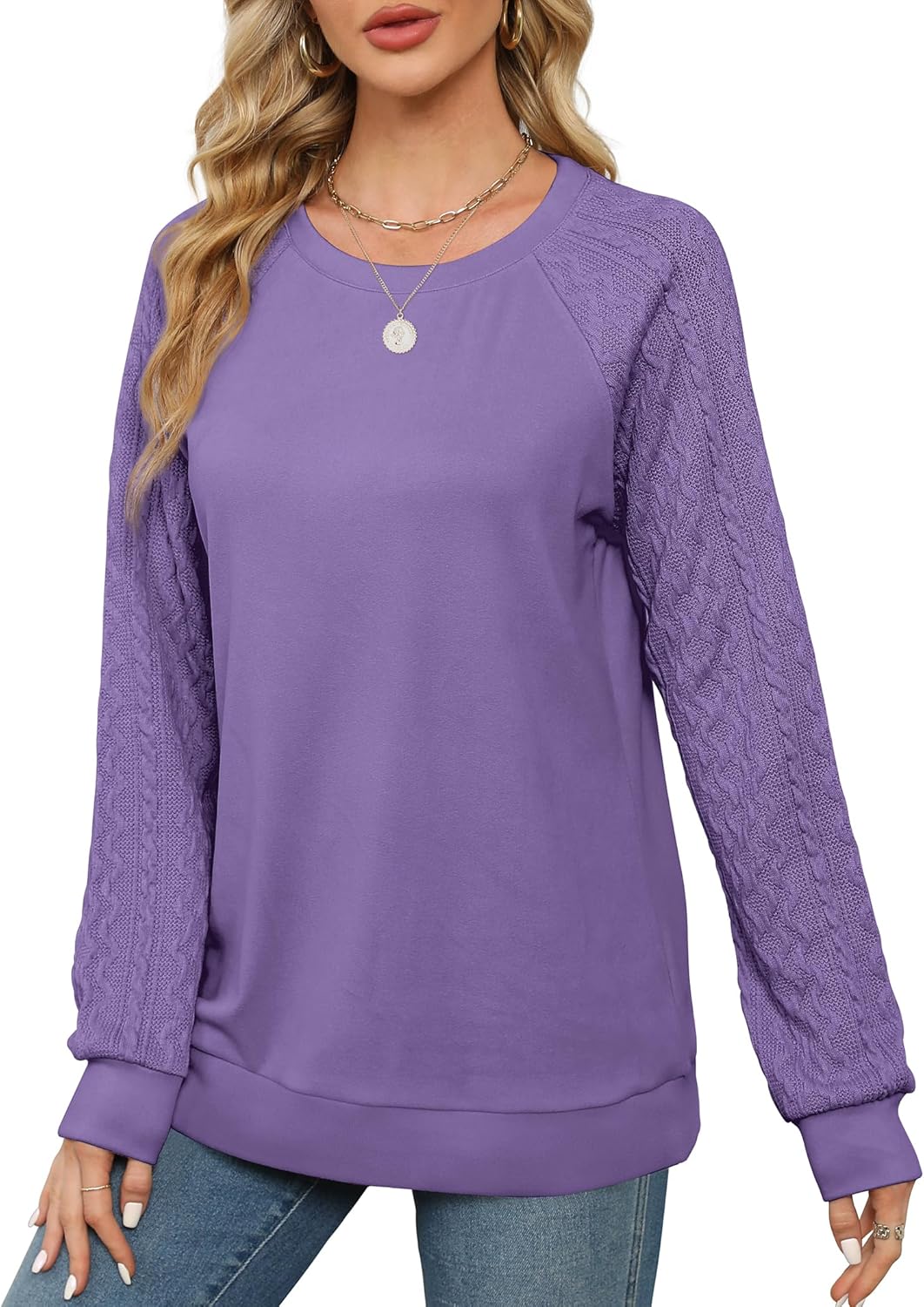 Women Crewneck Cable Knit Sweatshirt-My Comfy Blouse