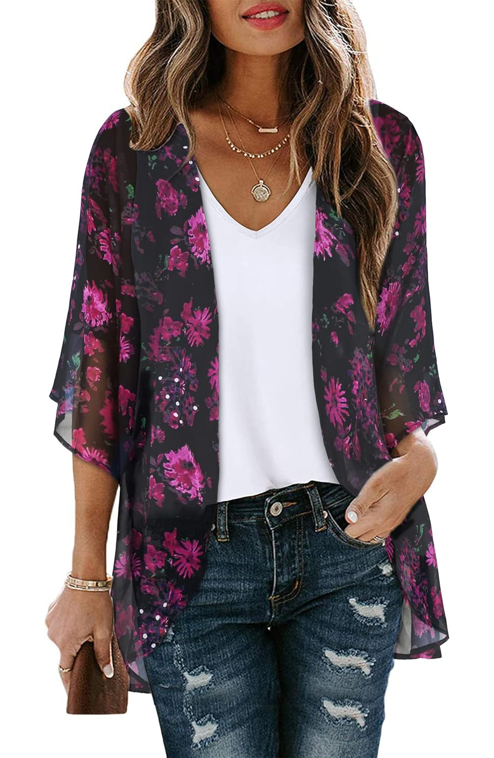 Women Floral Puff Sleeve Kimono Cardigan-My Comfy Blouse