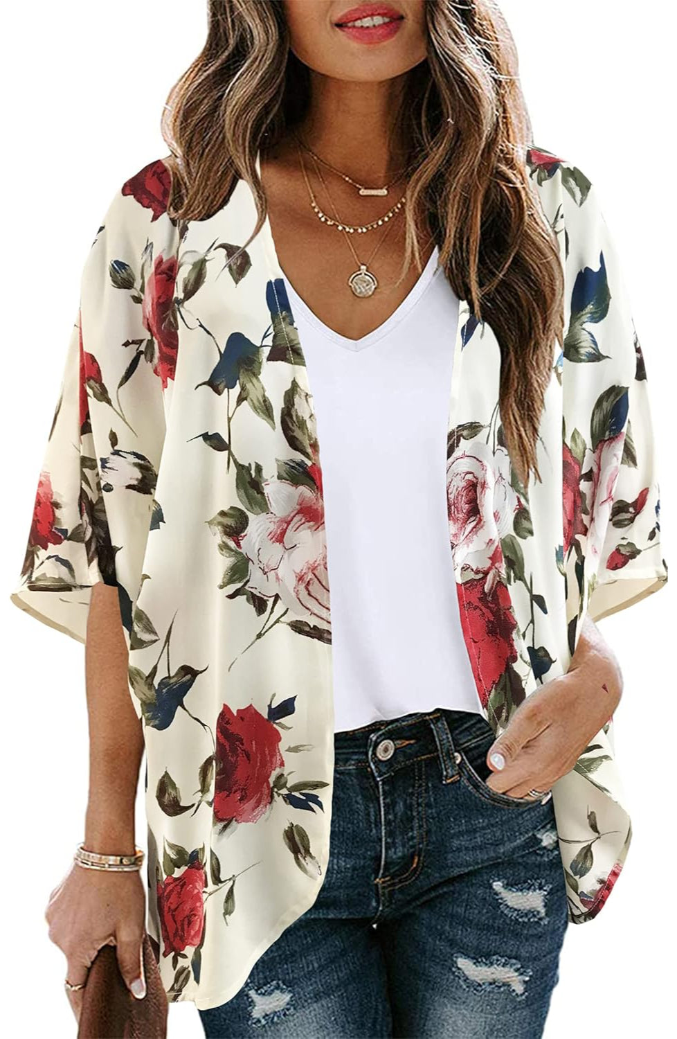 Women Floral Puff Sleeve Kimono Cardigan-My Comfy Blouse