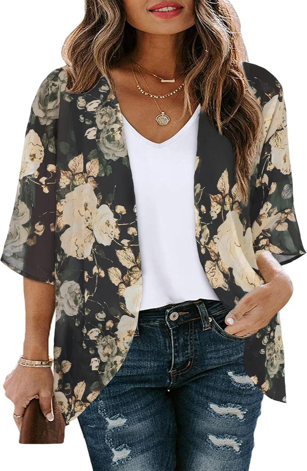 Women Floral Puff Sleeve Kimono Cardigan-My Comfy Blouse
