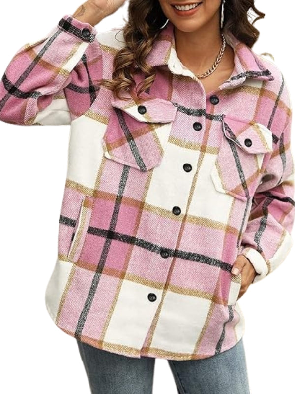 Women Plaid Pattern Button Down Jacket-My Comfy Blouse