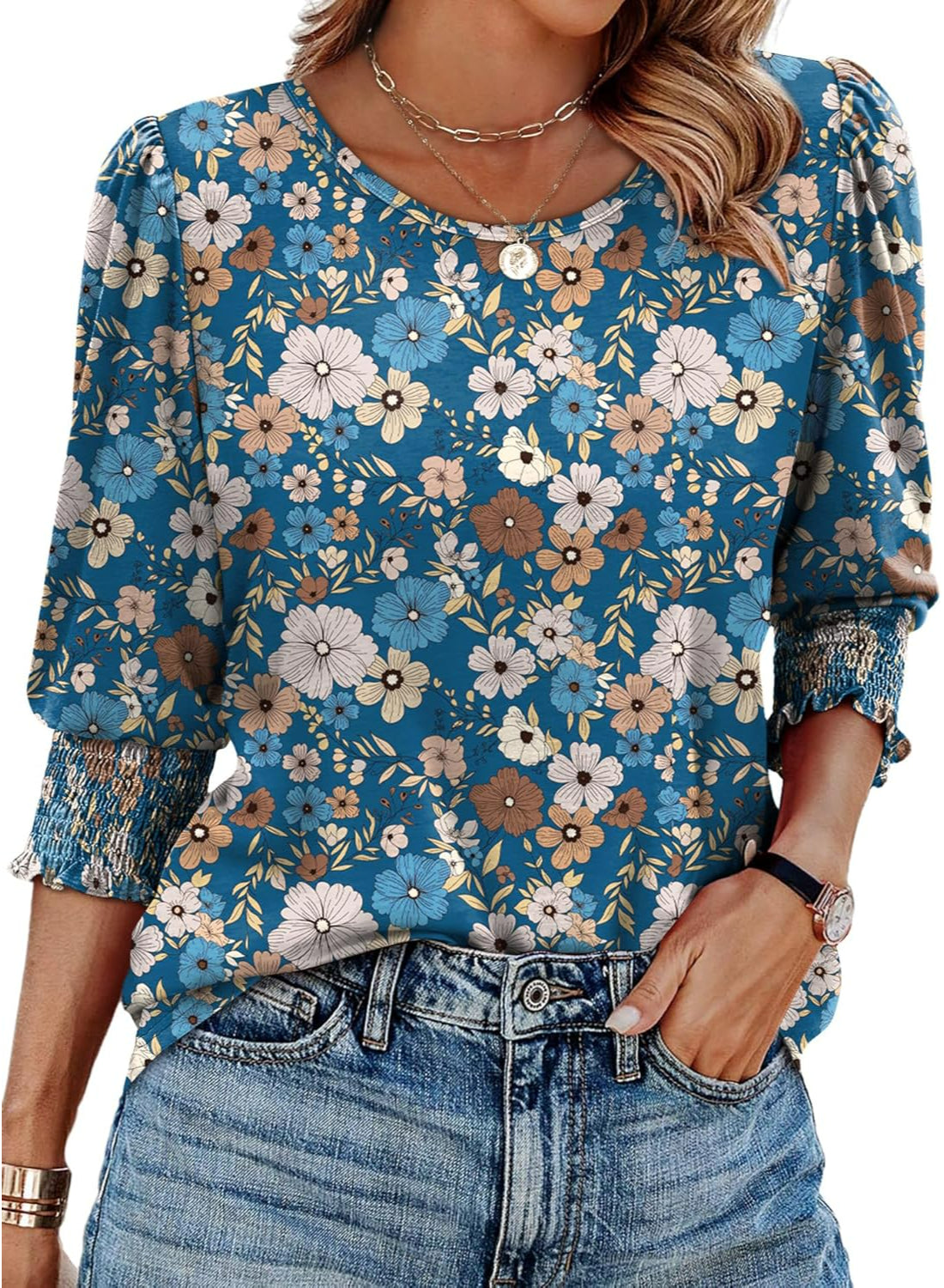 Floral Printed Blouse With 3 By 4 Sleeve Smocked Cuffs Casual Top-My Comfy Blouse
