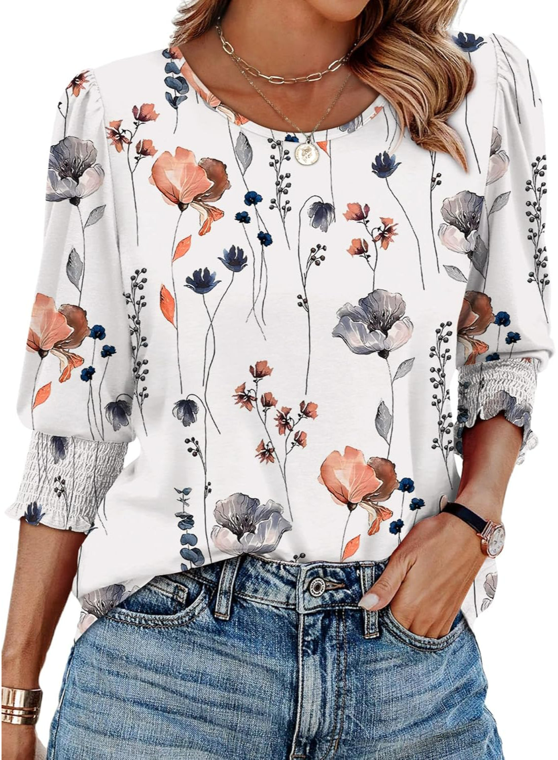 Floral Printed Blouse With 3 By 4 Sleeve Smocked Cuffs Casual Top-My Comfy Blouse