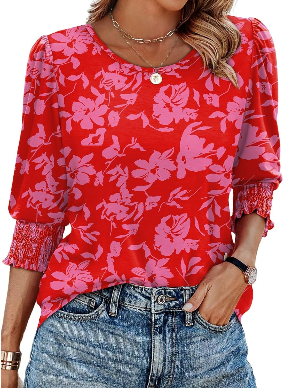 Floral Printed Blouse With 3 By 4 Sleeve Smocked Cuffs Casual Top-My Comfy Blouse