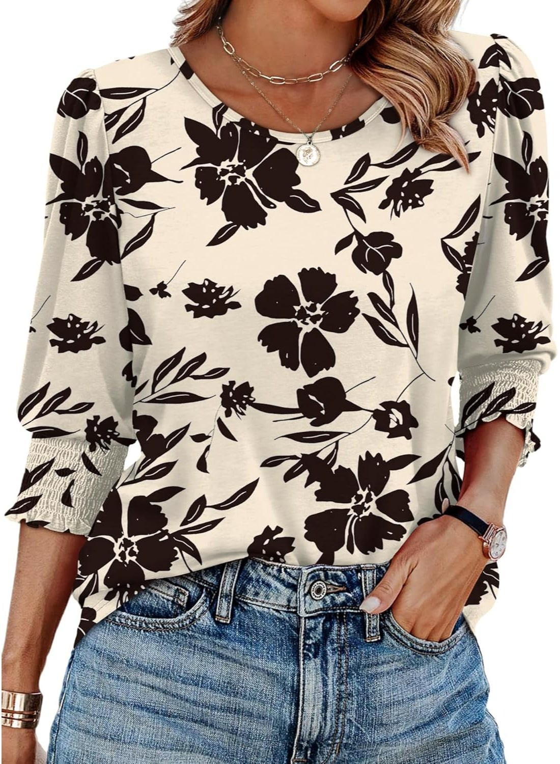 Floral Printed Blouse With 3 By 4 Sleeve Smocked Cuffs Casual Top-My Comfy Blouse
