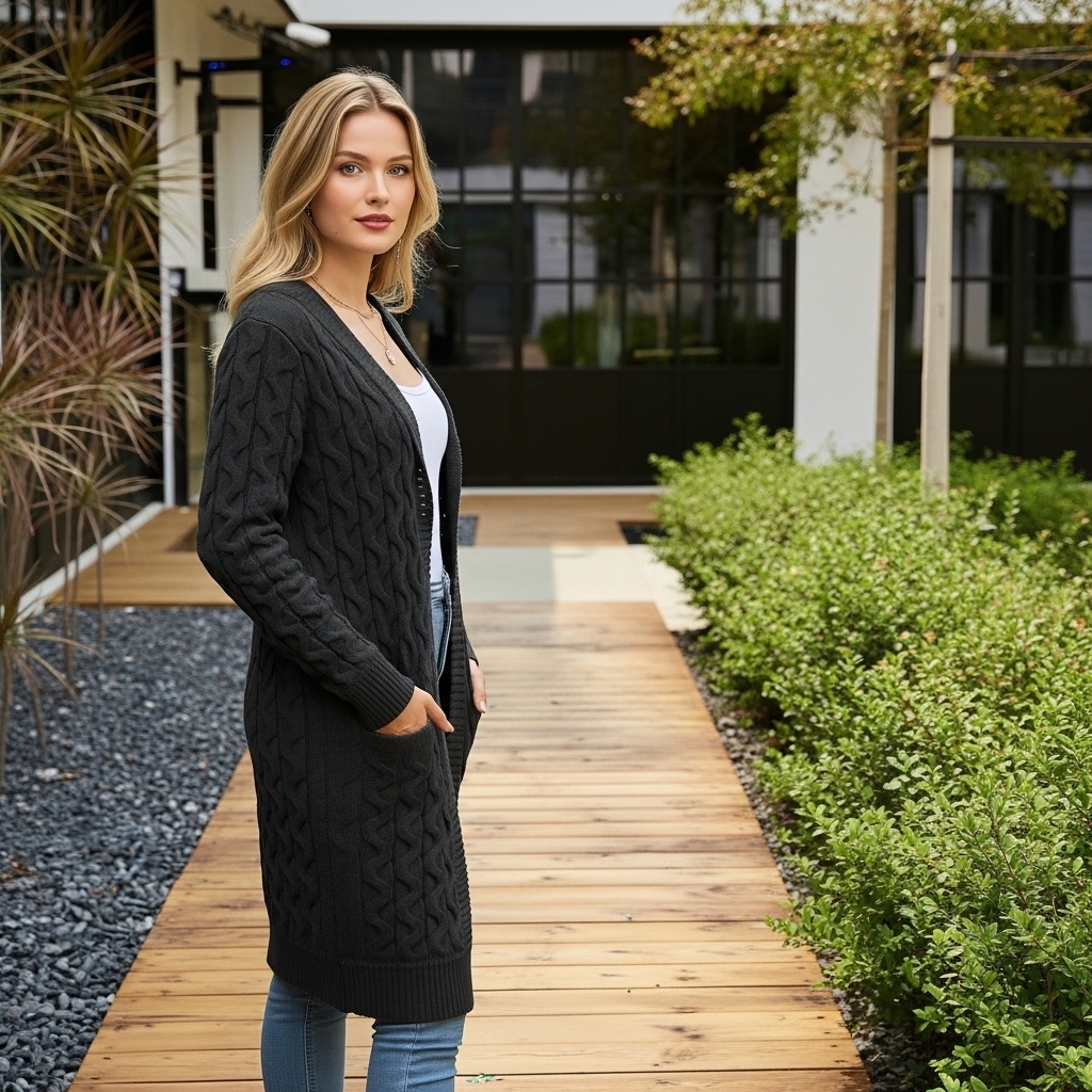 Long Knit Cardigan With Open Front And Pocket Design For Women