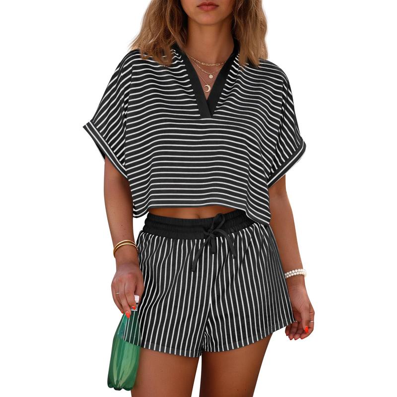 2 Pieces Short Sleeve Striped Matching Set For Women